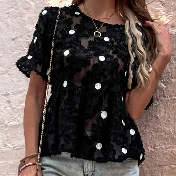 ELLY FUZZI BLACK AND WHITE PEPLUM BLOUSE - Picture 1 of 3